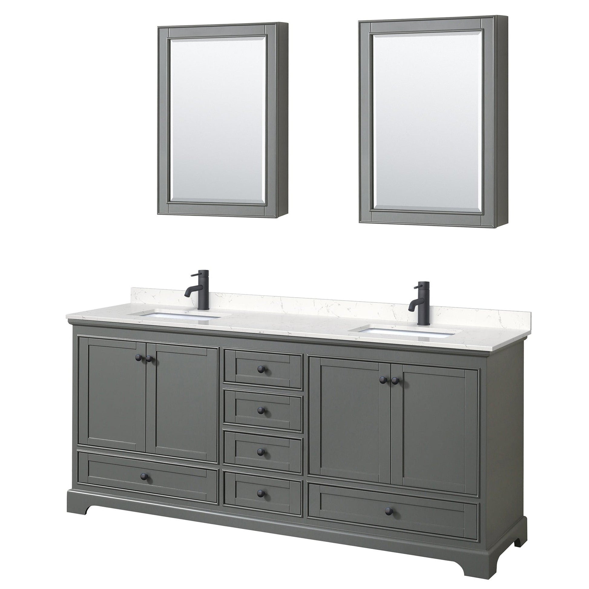 Wyndham Collection Deborah 80" Double Bathroom Vanity in Dark Gray, Carrara Cultured Marble Countertop, Undermount Square Sinks, Matte Black Trim, Medicine Cabinets