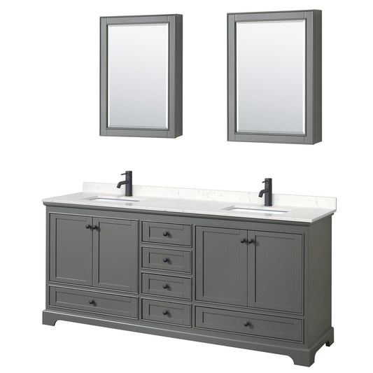 Wyndham Collection Deborah 80" Double Bathroom Vanity in Dark Gray, Carrara Cultured Marble Countertop, Undermount Square Sinks, Matte Black Trim, Medicine Cabinets