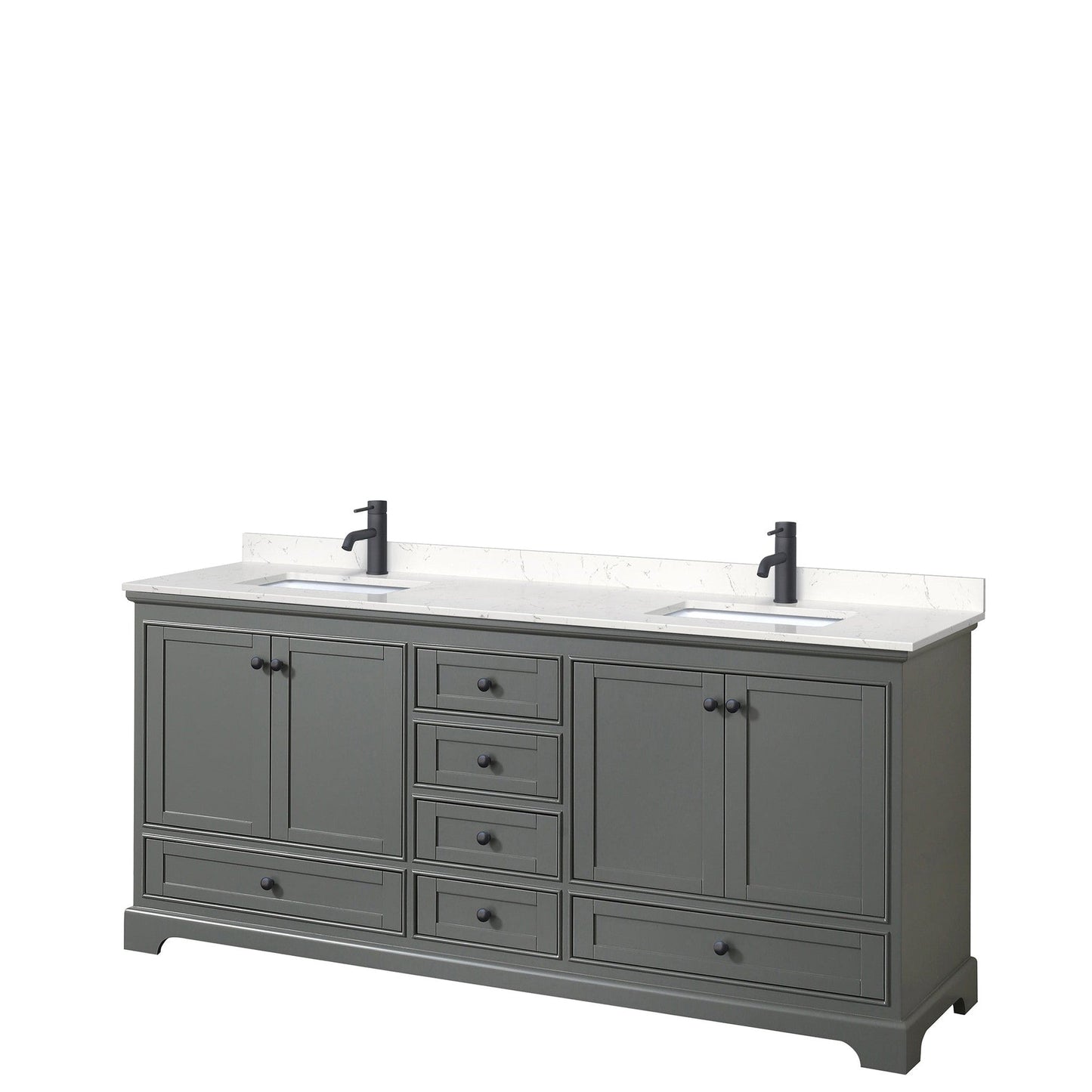 Wyndham Collection Deborah 80" Double Bathroom Vanity in Dark Gray, Carrara Cultured Marble Countertop, Undermount Square Sinks, Matte Black Trim