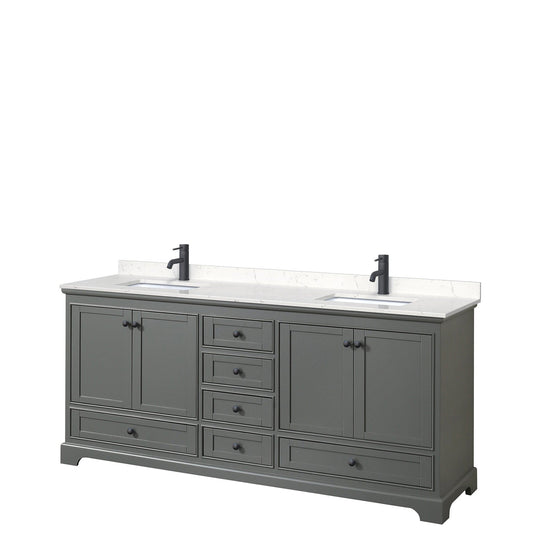 Wyndham Collection Deborah 80" Double Bathroom Vanity in Dark Gray, Carrara Cultured Marble Countertop, Undermount Square Sinks, Matte Black Trim