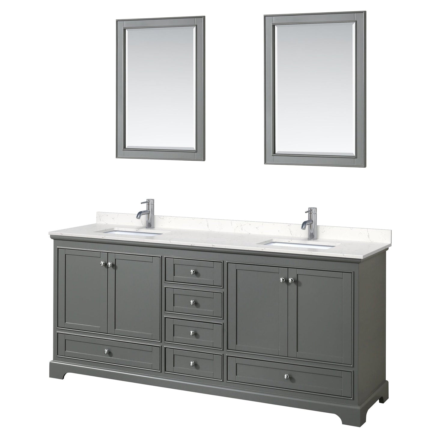 Wyndham Collection Deborah 80" Double Bathroom Vanity in Dark Gray, Light-Vein Carrara Cultured Marble Countertop, Undermount Square Sinks, 24" Mirror