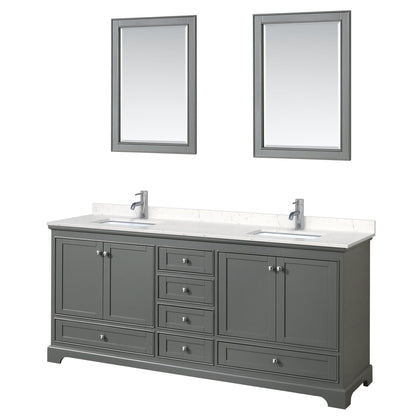Wyndham Collection Deborah 80" Double Bathroom Vanity in Dark Gray, Light-Vein Carrara Cultured Marble Countertop, Undermount Square Sinks, 24" Mirror