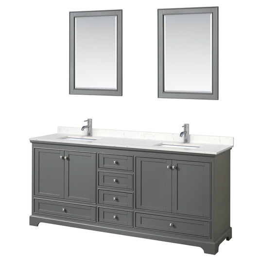 Wyndham Collection Deborah 80" Double Bathroom Vanity in Dark Gray, Light-Vein Carrara Cultured Marble Countertop, Undermount Square Sinks, 24" Mirror