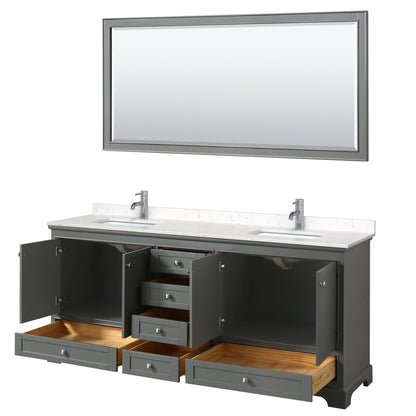 Wyndham Collection Deborah 80" Double Bathroom Vanity in Dark Gray, Light-Vein Carrara Cultured Marble Countertop, Undermount Square Sinks, 70" Mirror