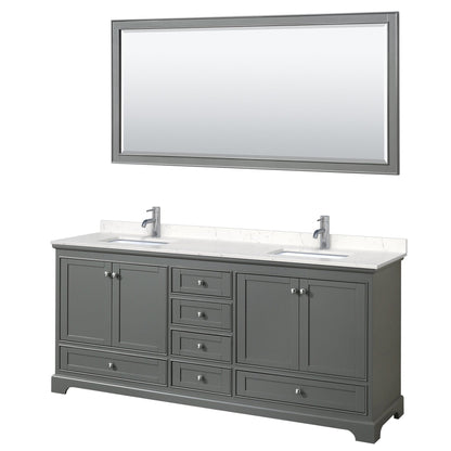 Wyndham Collection Deborah 80" Double Bathroom Vanity in Dark Gray, Light-Vein Carrara Cultured Marble Countertop, Undermount Square Sinks, 70" Mirror