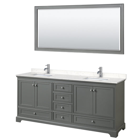 Wyndham Collection Deborah 80" Double Bathroom Vanity in Dark Gray, Light-Vein Carrara Cultured Marble Countertop, Undermount Square Sinks, 70" Mirror