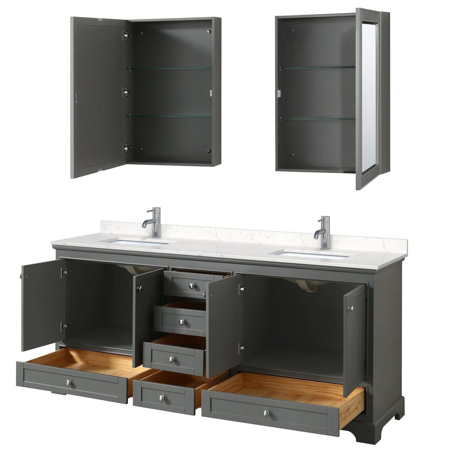 Wyndham Collection Deborah 80" Double Bathroom Vanity in Dark Gray, Light-Vein Carrara Cultured Marble Countertop, Undermount Square Sinks, Medicine Cabinet