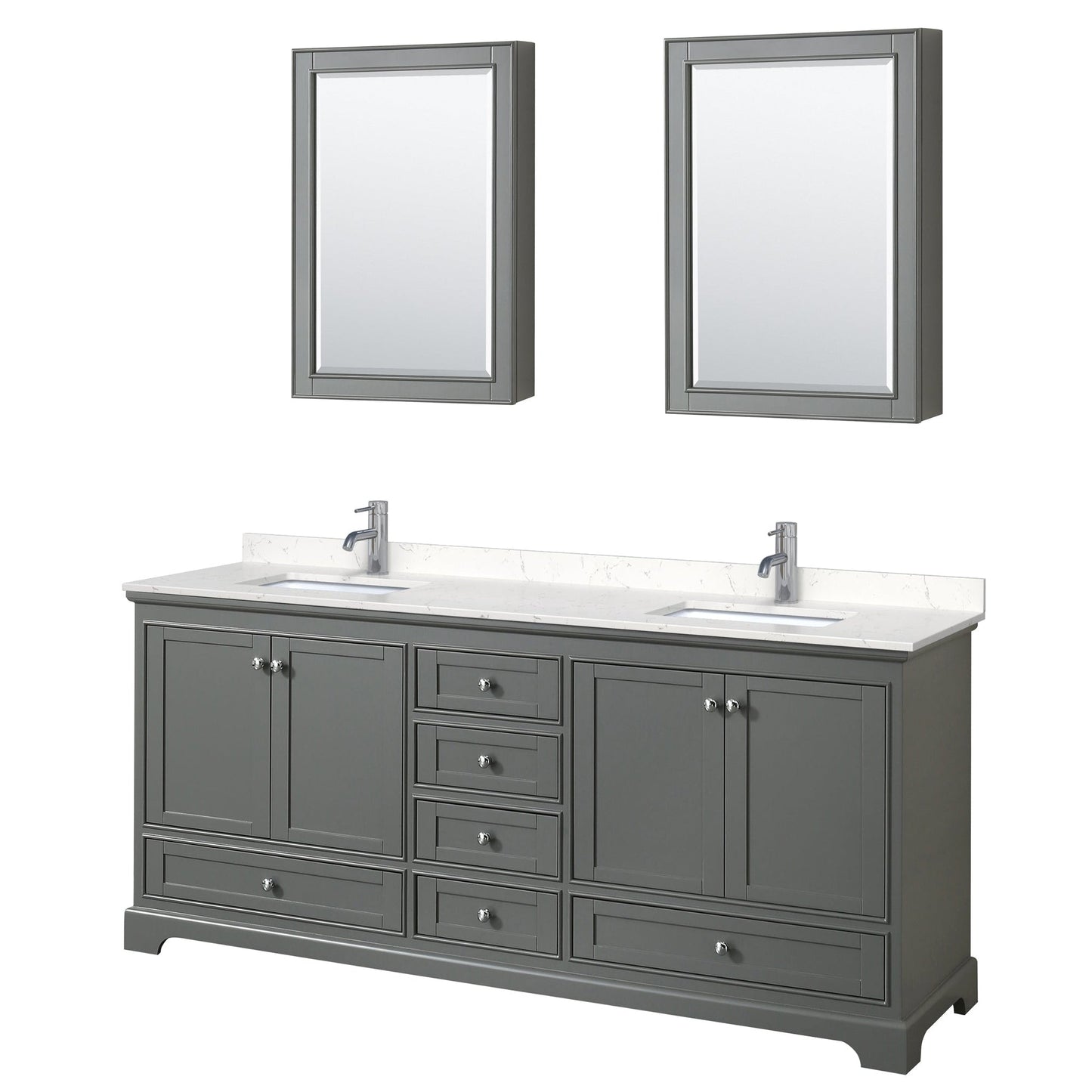 Wyndham Collection Deborah 80" Double Bathroom Vanity in Dark Gray, Light-Vein Carrara Cultured Marble Countertop, Undermount Square Sinks, Medicine Cabinet