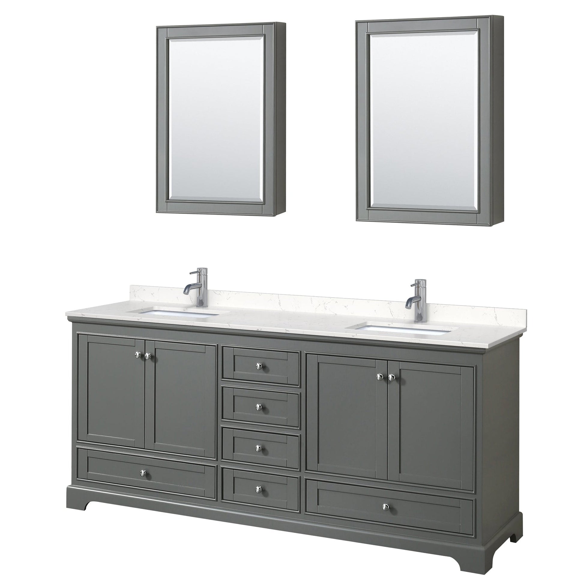 Wyndham Collection Deborah 80" Double Bathroom Vanity in Dark Gray, Light-Vein Carrara Cultured Marble Countertop, Undermount Square Sinks, Medicine Cabinet