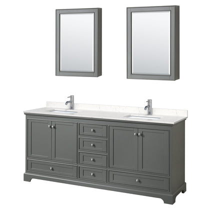 Wyndham Collection Deborah 80" Double Bathroom Vanity in Dark Gray, Light-Vein Carrara Cultured Marble Countertop, Undermount Square Sinks, Medicine Cabinet