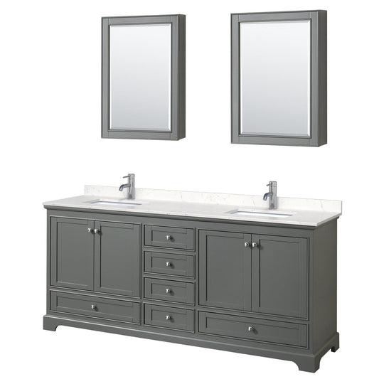 Wyndham Collection Deborah 80" Double Bathroom Vanity in Dark Gray, Light-Vein Carrara Cultured Marble Countertop, Undermount Square Sinks, Medicine Cabinet