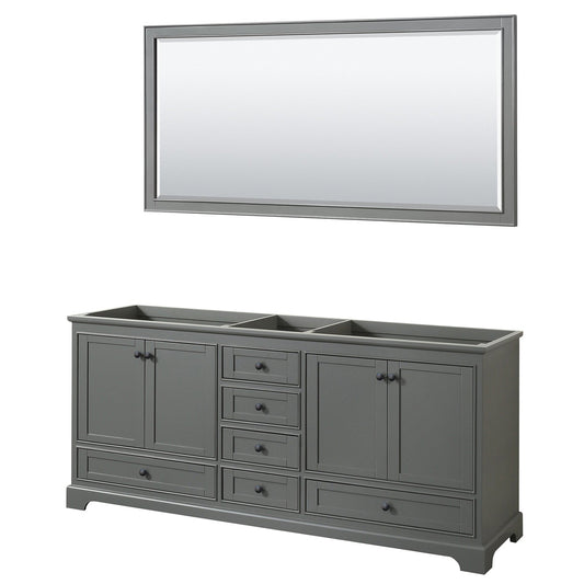 Wyndham Collection Deborah 80" Double Bathroom Vanity in Dark Gray, No Countertop, No Sinks, Matte Black Trim, 70" Mirror