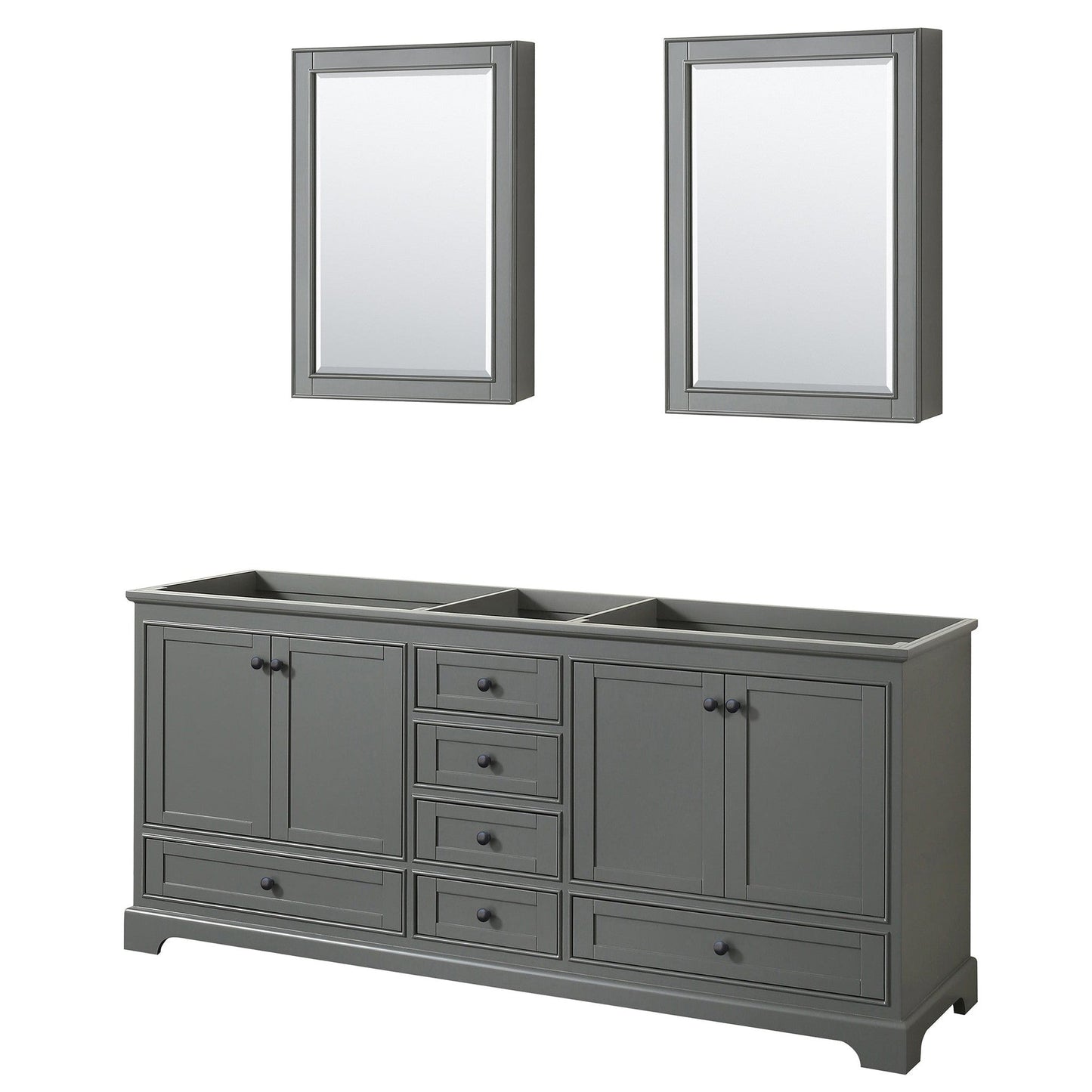Wyndham Collection Deborah 80" Double Bathroom Vanity in Dark Gray, No Countertop, No Sinks, Matte Black Trim, Medicine Cabinets