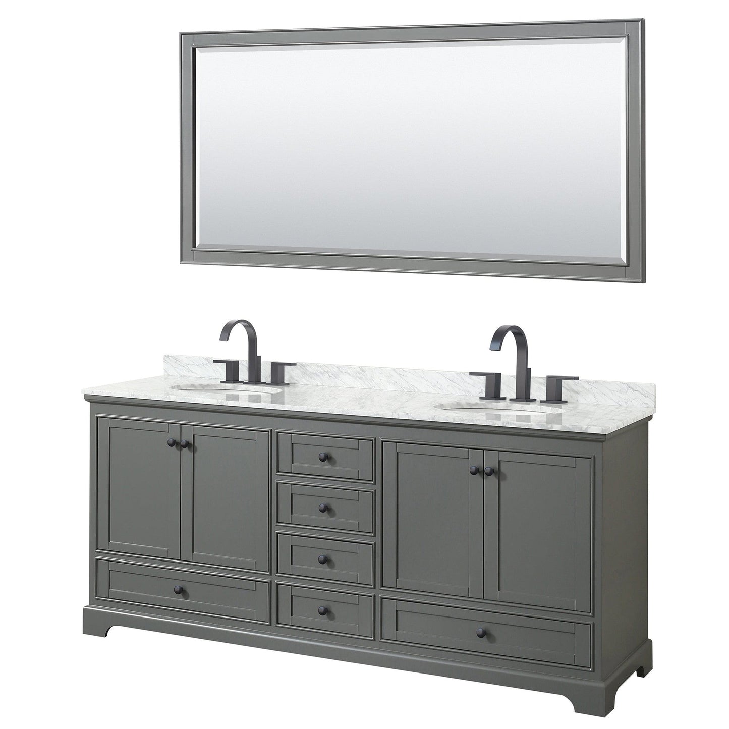 Wyndham Collection Deborah 80" Double Bathroom Vanity in Dark Gray, White Carrara Marble Countertop, Undermount Oval Sinks, Matte Black Trim, 70" Mirror