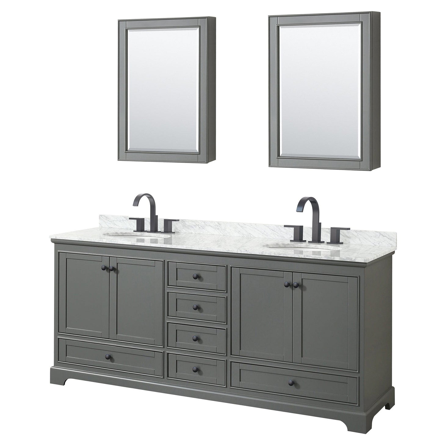 Wyndham Collection Deborah 80" Double Bathroom Vanity in Dark Gray, White Carrara Marble Countertop, Undermount Oval Sinks, Matte Black Trim, Medicine Cabinets