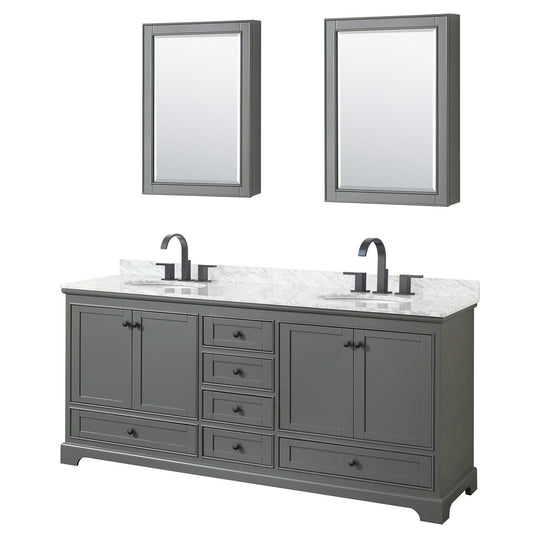Wyndham Collection Deborah 80" Double Bathroom Vanity in Dark Gray, White Carrara Marble Countertop, Undermount Oval Sinks, Matte Black Trim, Medicine Cabinets