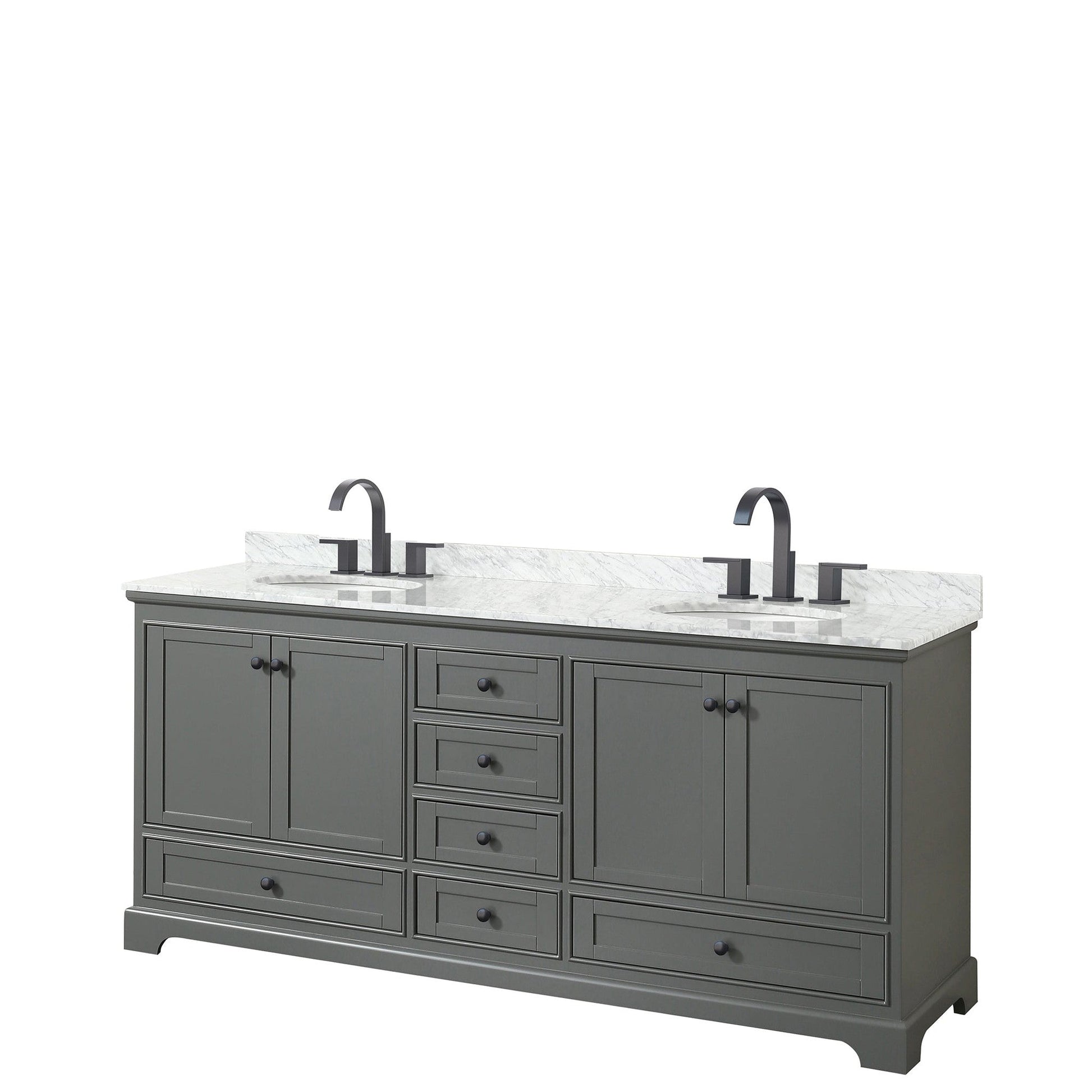 Wyndham Collection Deborah 80" Double Bathroom Vanity in Dark Gray, White Carrara Marble Countertop, Undermount Oval Sinks, Matte Black Trim