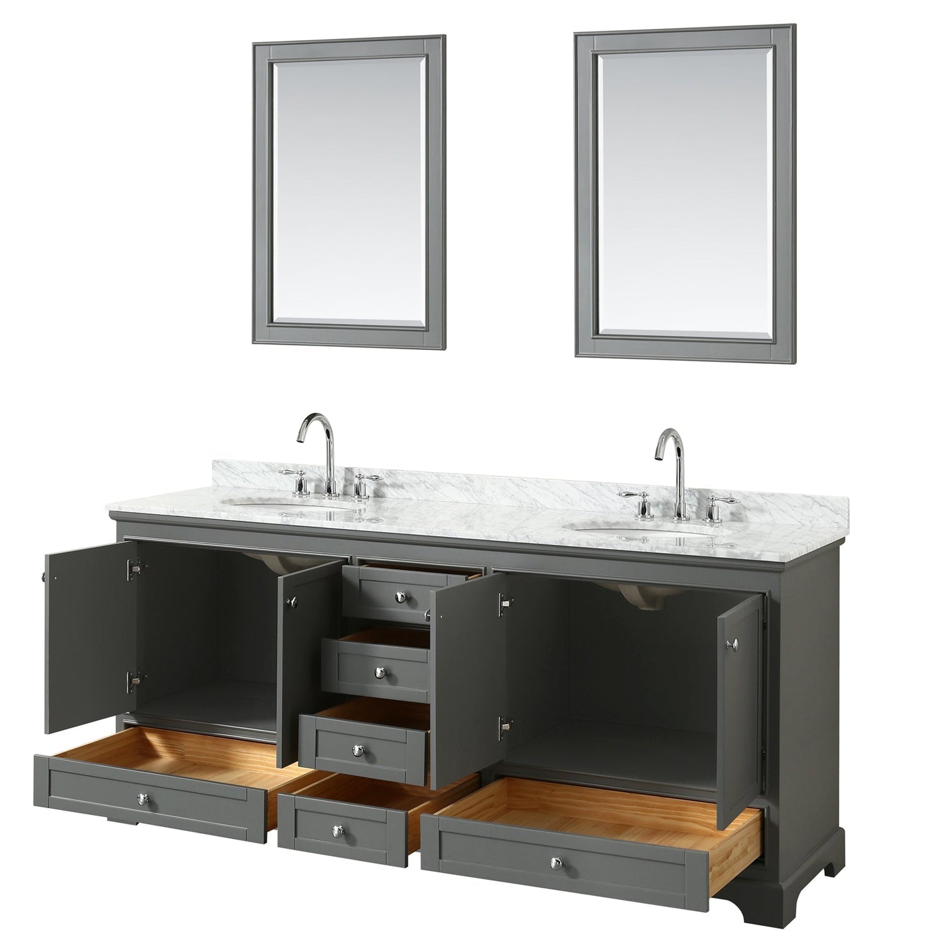 Wyndham Collection Deborah 80" Double Bathroom Vanity in Dark Gray, White Carrara Marble Countertop, Undermount Oval Sinks, and 24" Mirror