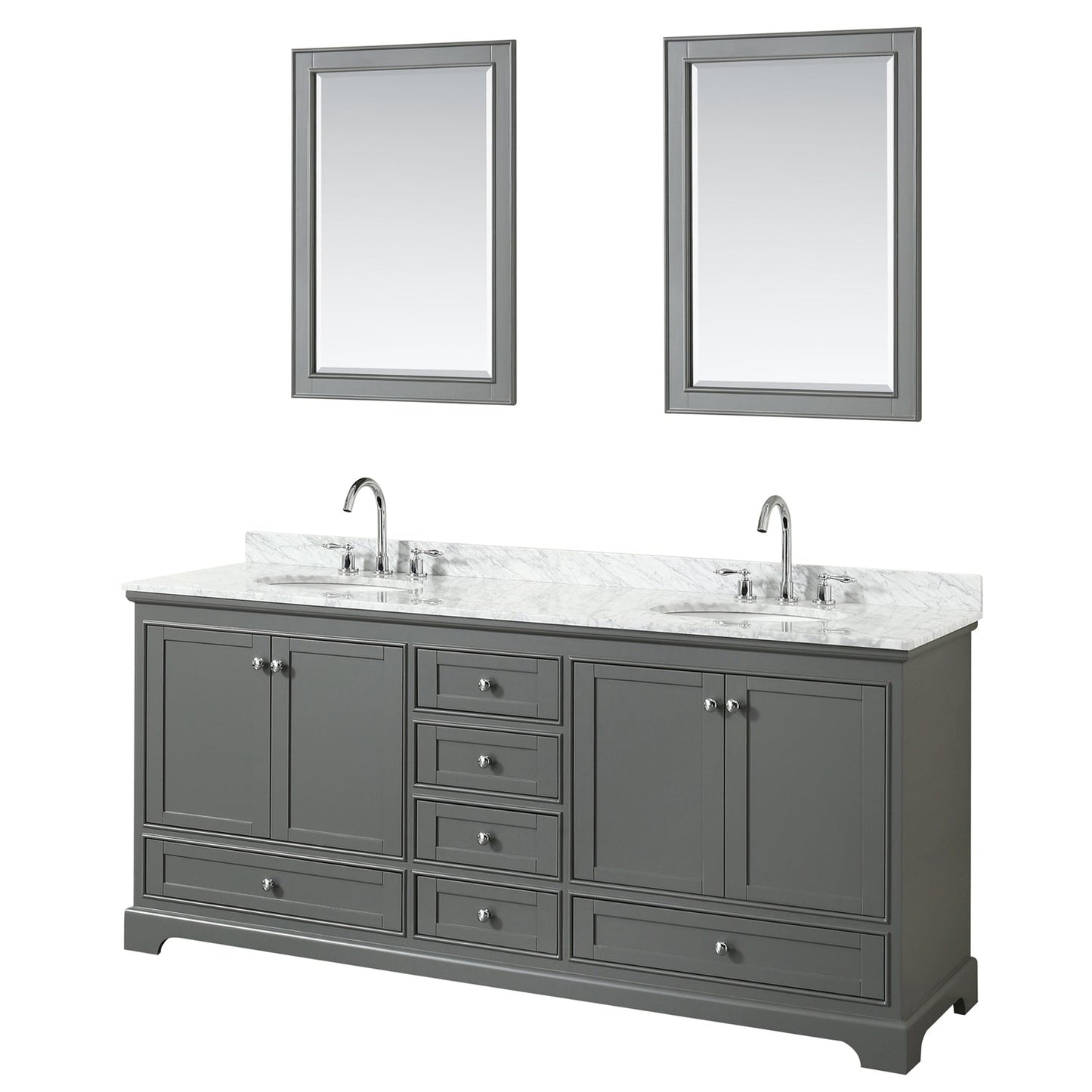 Wyndham Collection Deborah 80" Double Bathroom Vanity in Dark Gray, White Carrara Marble Countertop, Undermount Oval Sinks, and 24" Mirror