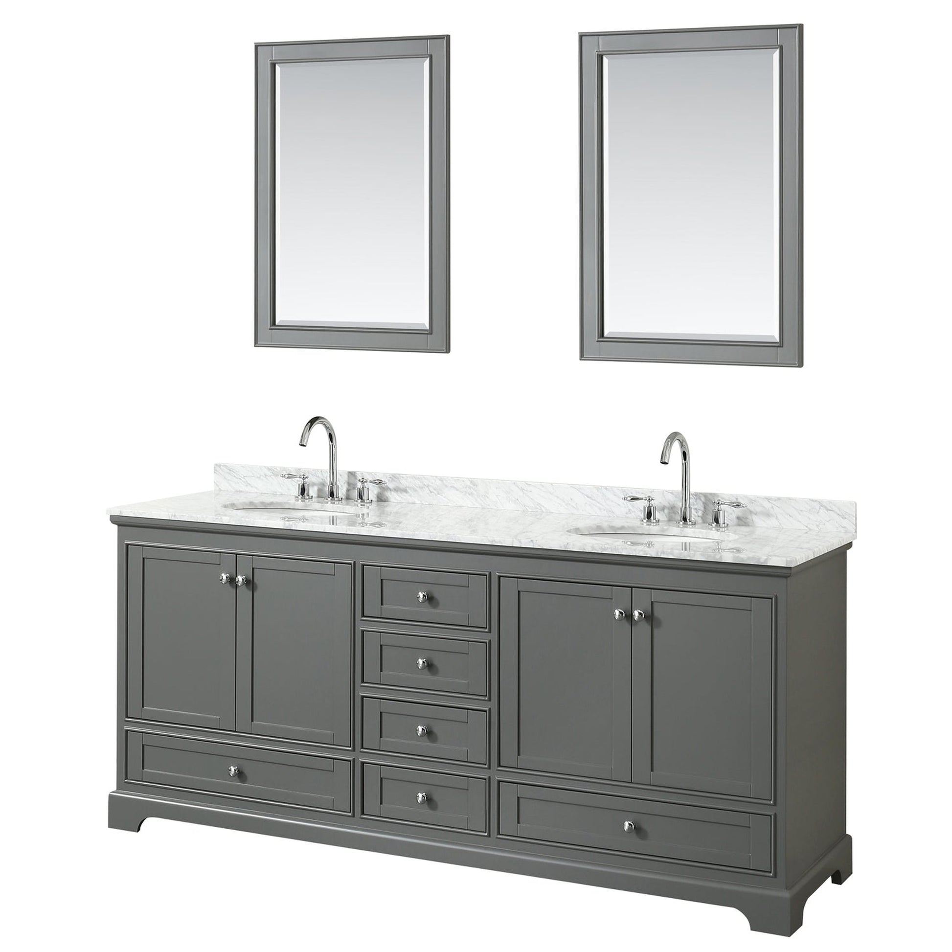 Wyndham Collection Deborah 80" Double Bathroom Vanity in Dark Gray, White Carrara Marble Countertop, Undermount Oval Sinks, and 24" Mirror