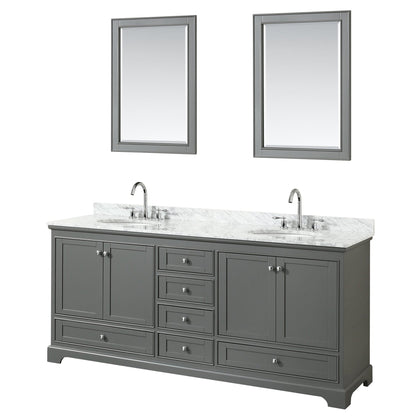 Wyndham Collection Deborah 80" Double Bathroom Vanity in Dark Gray, White Carrara Marble Countertop, Undermount Oval Sinks, and 24" Mirror
