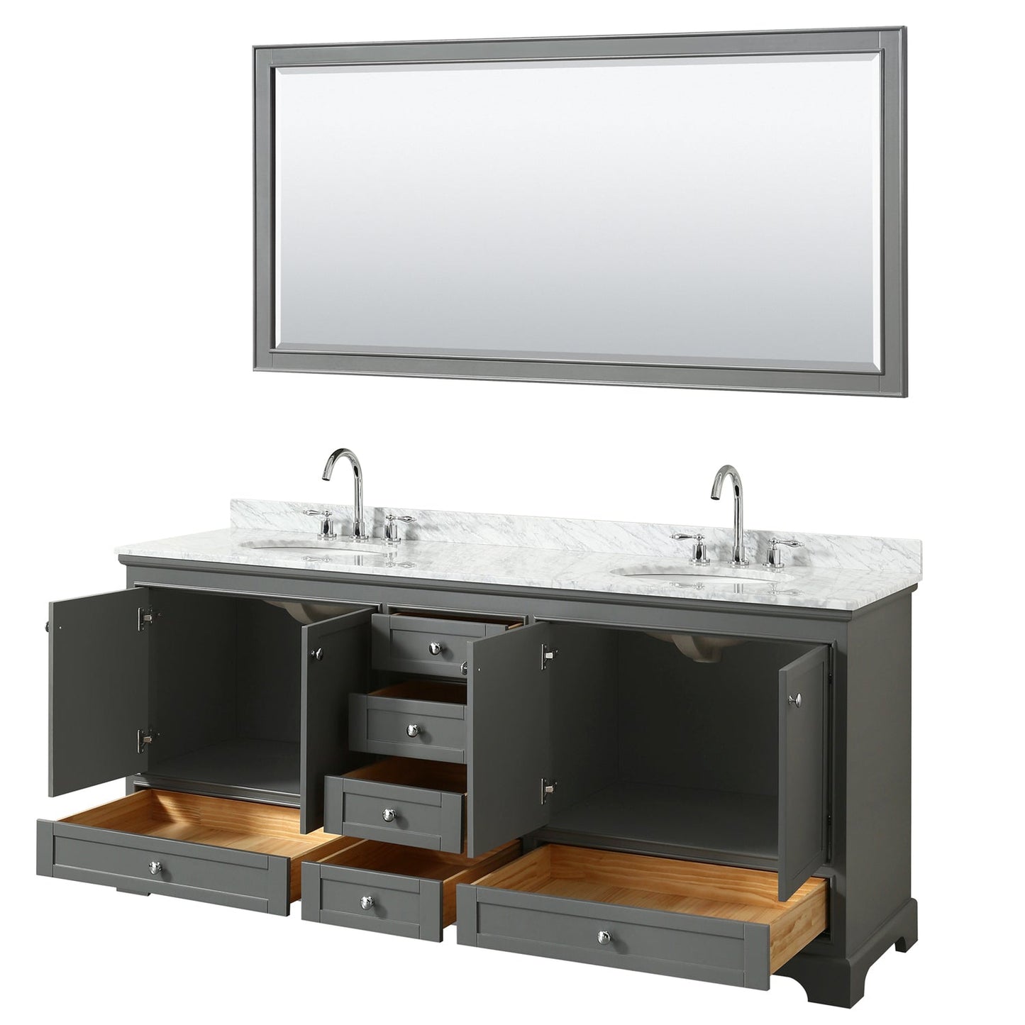 Wyndham Collection Deborah 80" Double Bathroom Vanity in Dark Gray, White Carrara Marble Countertop, Undermount Oval Sinks, and 70" Mirror