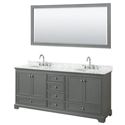 Wyndham Collection Deborah 80" Double Bathroom Vanity in Dark Gray, White Carrara Marble Countertop, Undermount Oval Sinks, and 70" Mirror