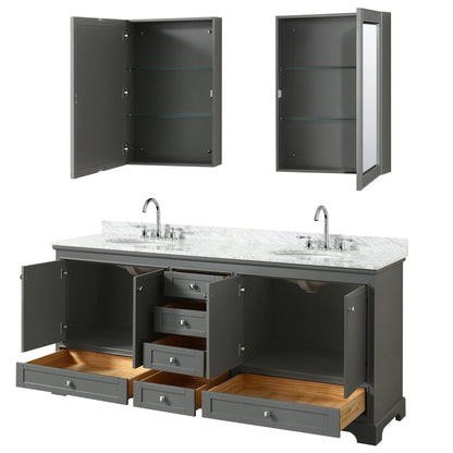 Wyndham Collection Deborah 80" Double Bathroom Vanity in Dark Gray, White Carrara Marble Countertop, Undermount Oval Sinks, and Medicine Cabinet