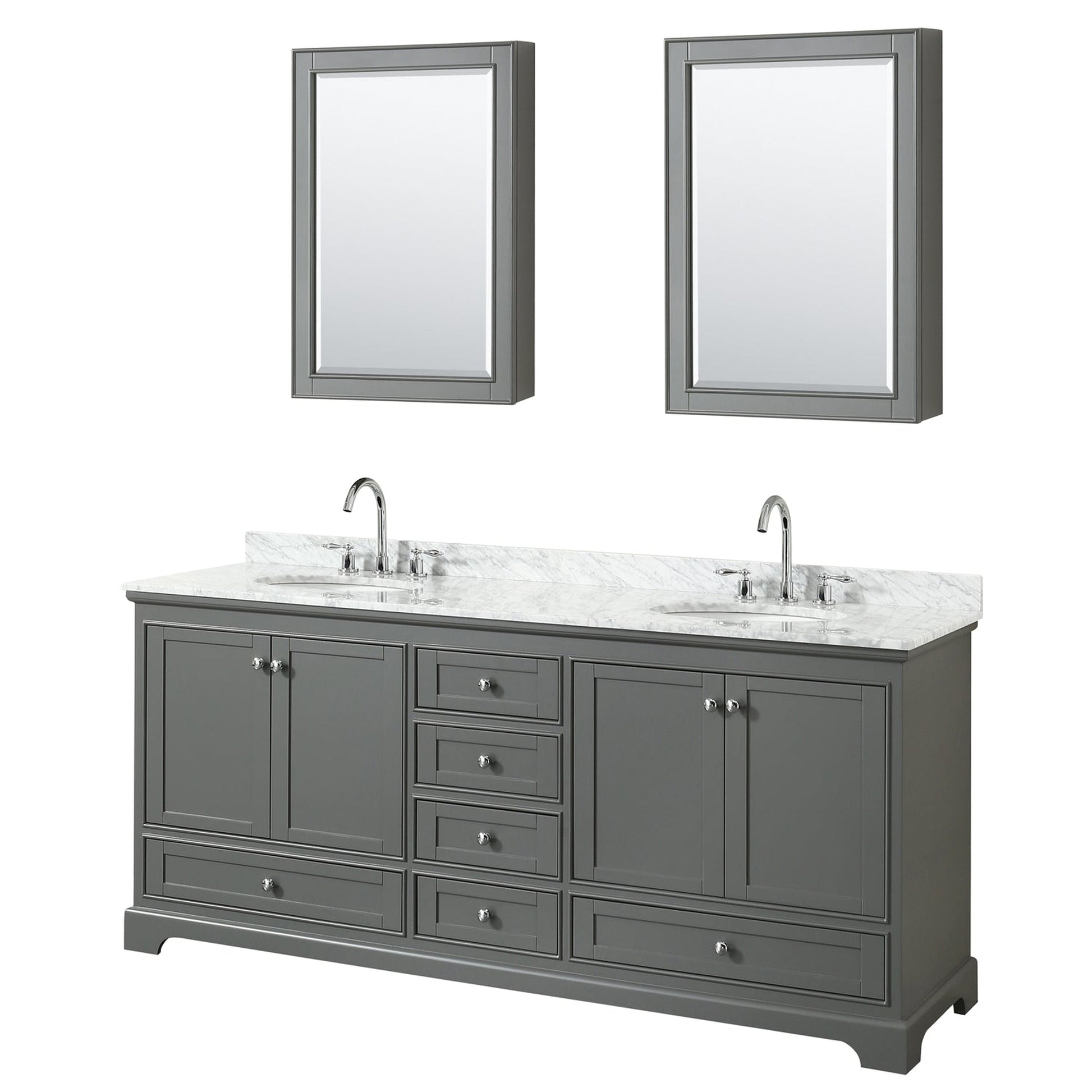 Wyndham Collection Deborah 80" Double Bathroom Vanity in Dark Gray, White Carrara Marble Countertop, Undermount Oval Sinks, and Medicine Cabinet