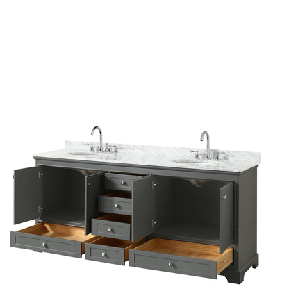 Wyndham Collection Deborah 80" Double Bathroom Vanity in Dark Gray, White Carrara Marble Countertop, Undermount Oval Sinks, and No Mirror