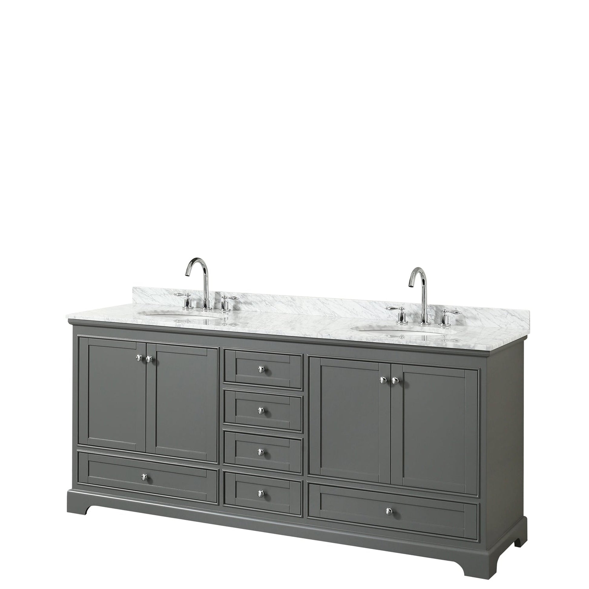 Wyndham Collection Deborah 80" Double Bathroom Vanity in Dark Gray, White Carrara Marble Countertop, Undermount Oval Sinks, and No Mirror