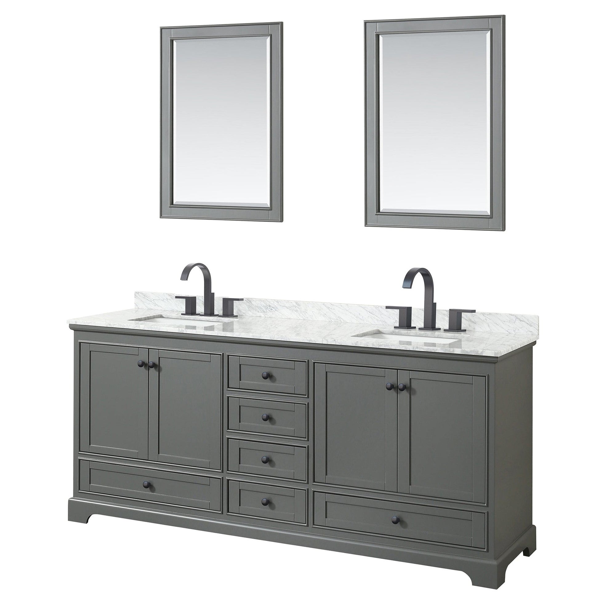 Wyndham Collection Deborah 80" Double Bathroom Vanity in Dark Gray, White Carrara Marble Countertop, Undermount Square Sinks, Matte Black Trim, 24" Mirrors