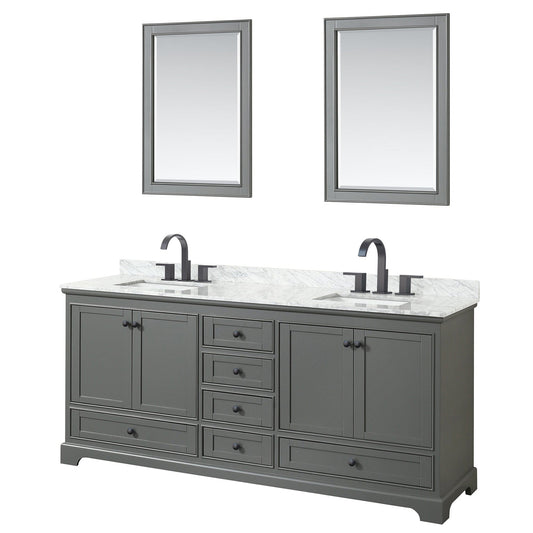 Wyndham Collection Deborah 80" Double Bathroom Vanity in Dark Gray, White Carrara Marble Countertop, Undermount Square Sinks, Matte Black Trim, 24" Mirrors