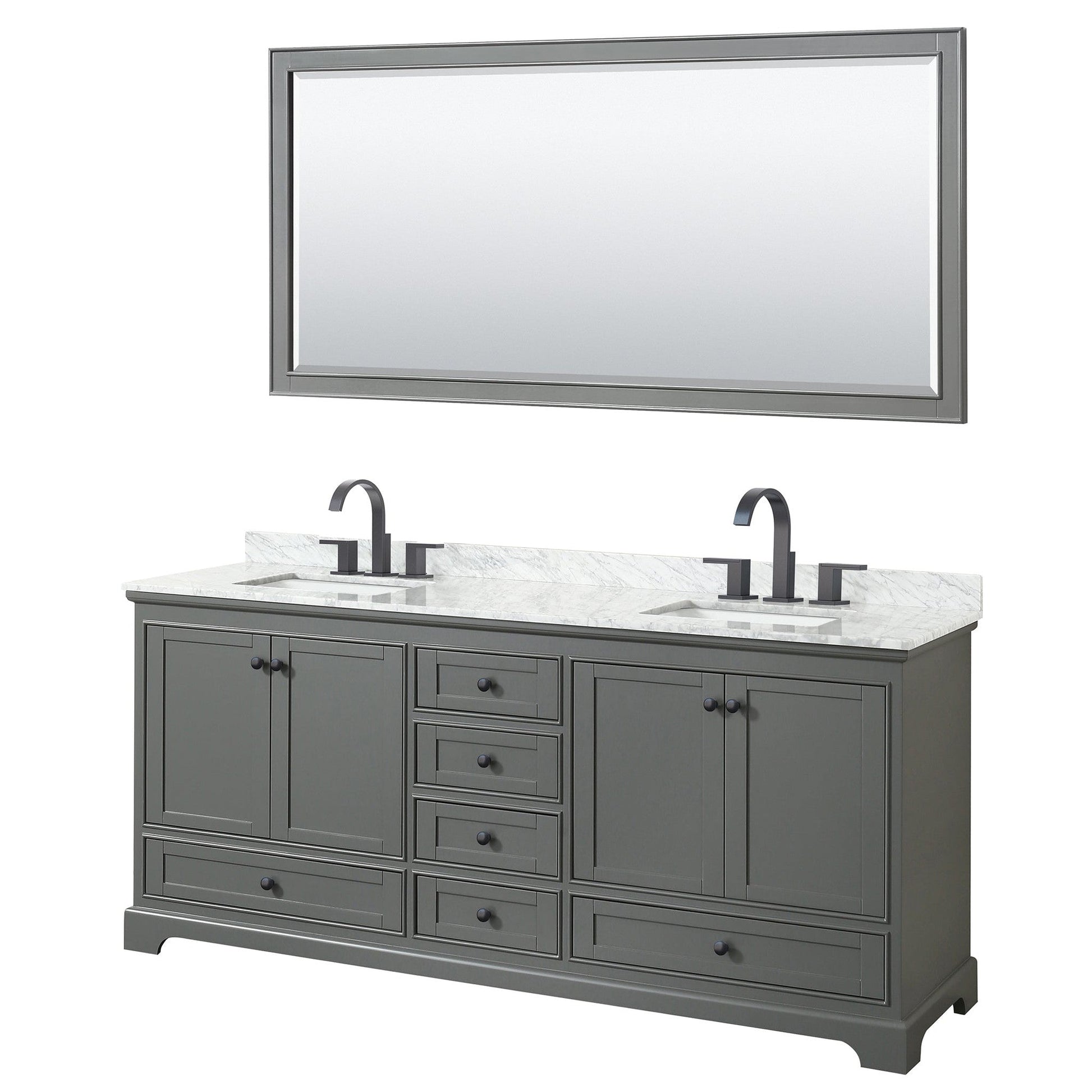 Wyndham Collection Deborah 80" Double Bathroom Vanity in Dark Gray, White Carrara Marble Countertop, Undermount Square Sinks, Matte Black Trim, 70" Mirror