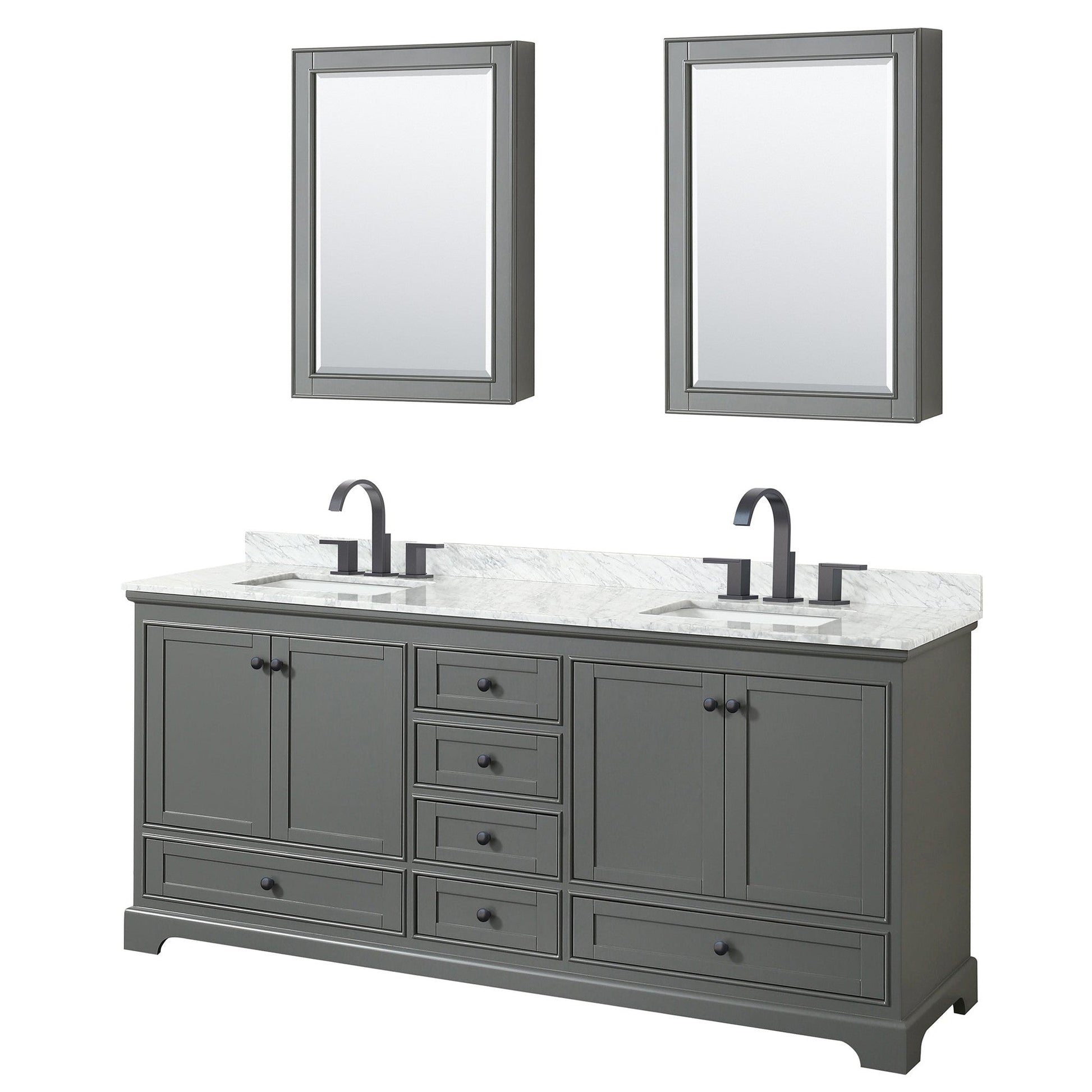 Wyndham Collection Deborah 80" Double Bathroom Vanity in Dark Gray, White Carrara Marble Countertop, Undermount Square Sinks, Matte Black Trim, Medicine Cabinets