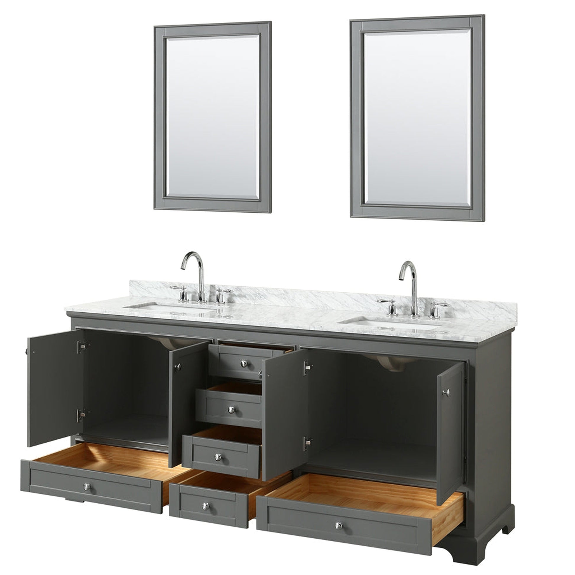 Wyndham Collection Deborah 80" Double Bathroom Vanity in Dark Gray, White Carrara Marble Countertop, Undermount Square Sinks, and 24" Mirror