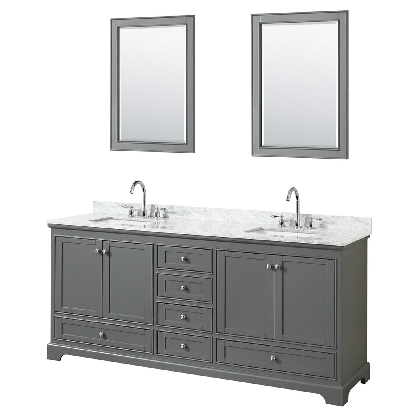 Wyndham Collection Deborah 80" Double Bathroom Vanity in Dark Gray, White Carrara Marble Countertop, Undermount Square Sinks, and 24" Mirror