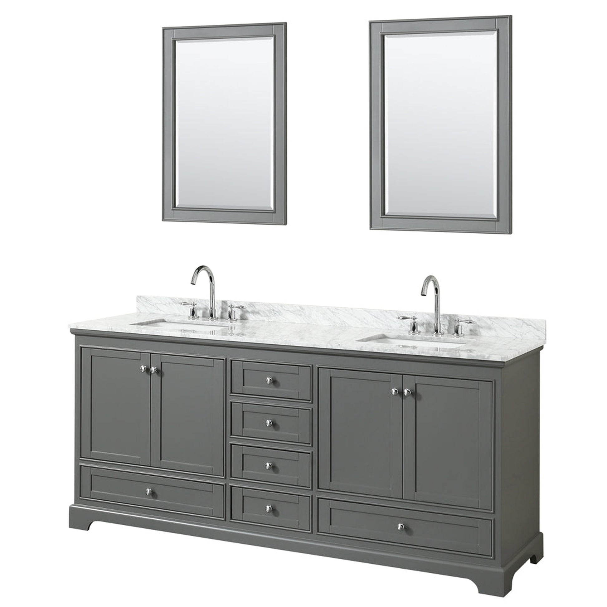 Wyndham Collection Deborah 80" Double Bathroom Vanity in Dark Gray, White Carrara Marble Countertop, Undermount Square Sinks, and 24" Mirror
