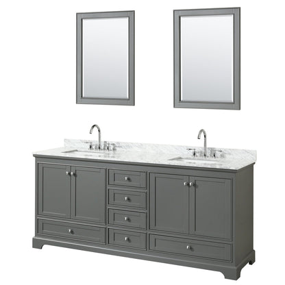 Wyndham Collection Deborah 80" Double Bathroom Vanity in Dark Gray, White Carrara Marble Countertop, Undermount Square Sinks, and 24" Mirror