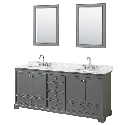 Wyndham Collection Deborah 80" Double Bathroom Vanity in Dark Gray, White Carrara Marble Countertop, Undermount Square Sinks, and 24" Mirror
