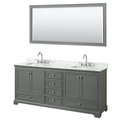 Wyndham Collection Deborah 80" Double Bathroom Vanity in Dark Gray, White Carrara Marble Countertop, Undermount Square Sinks, and 70" Mirror