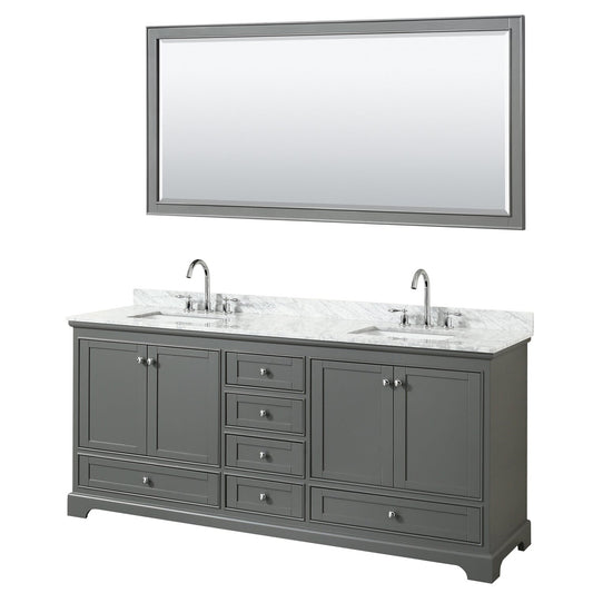Wyndham Collection Deborah 80" Double Bathroom Vanity in Dark Gray, White Carrara Marble Countertop, Undermount Square Sinks, and 70" Mirror