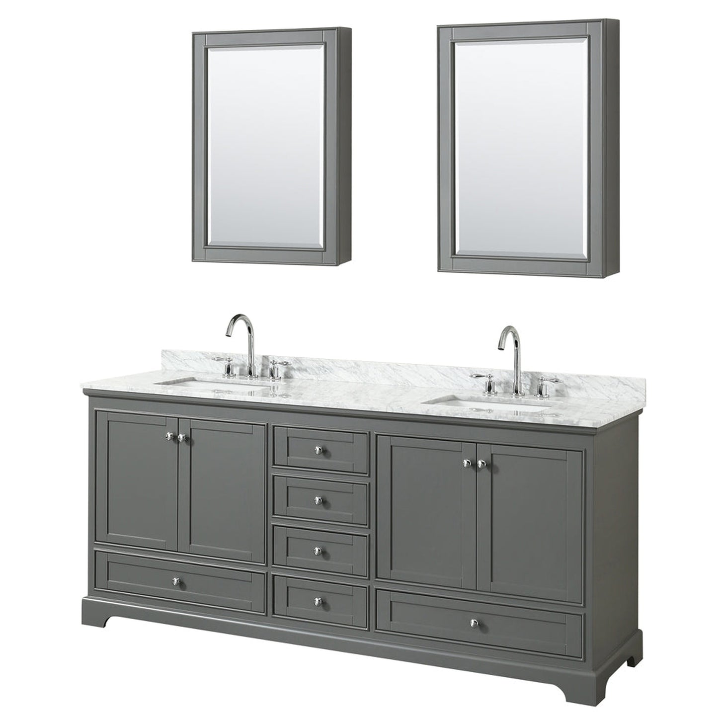 Wyndham Collection Deborah 80" Double Bathroom Vanity in Dark Gray, White Carrara Marble Countertop, Undermount Square Sinks, and Medicine Cabinet