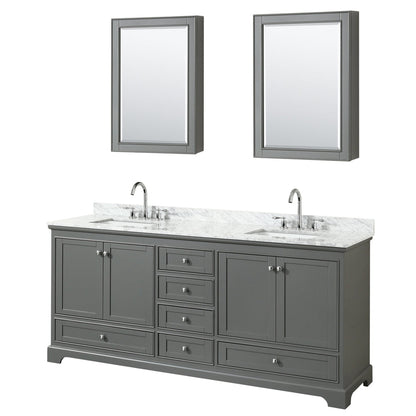 Wyndham Collection Deborah 80" Double Bathroom Vanity in Dark Gray, White Carrara Marble Countertop, Undermount Square Sinks, and Medicine Cabinet