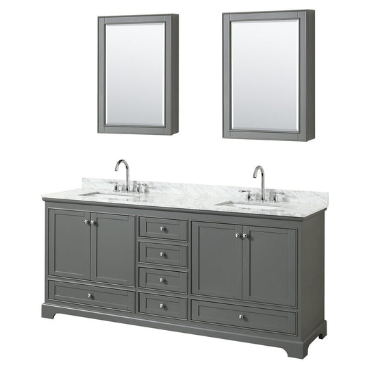 Wyndham Collection Deborah 80" Double Bathroom Vanity in Dark Gray, White Carrara Marble Countertop, Undermount Square Sinks, and Medicine Cabinet