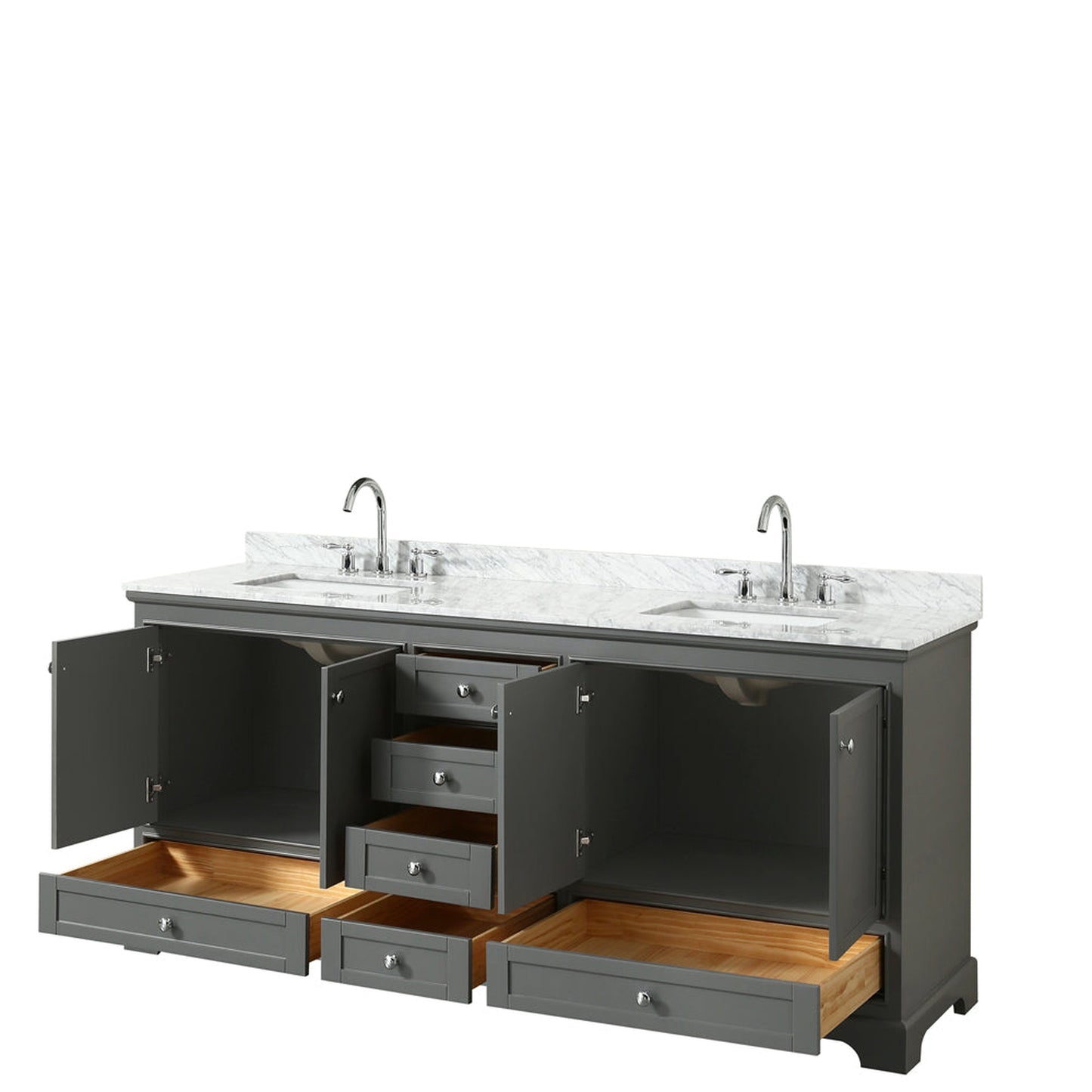 Wyndham Collection Deborah 80" Double Bathroom Vanity in Dark Gray, White Carrara Marble Countertop, Undermount Square Sinks, and No Mirror