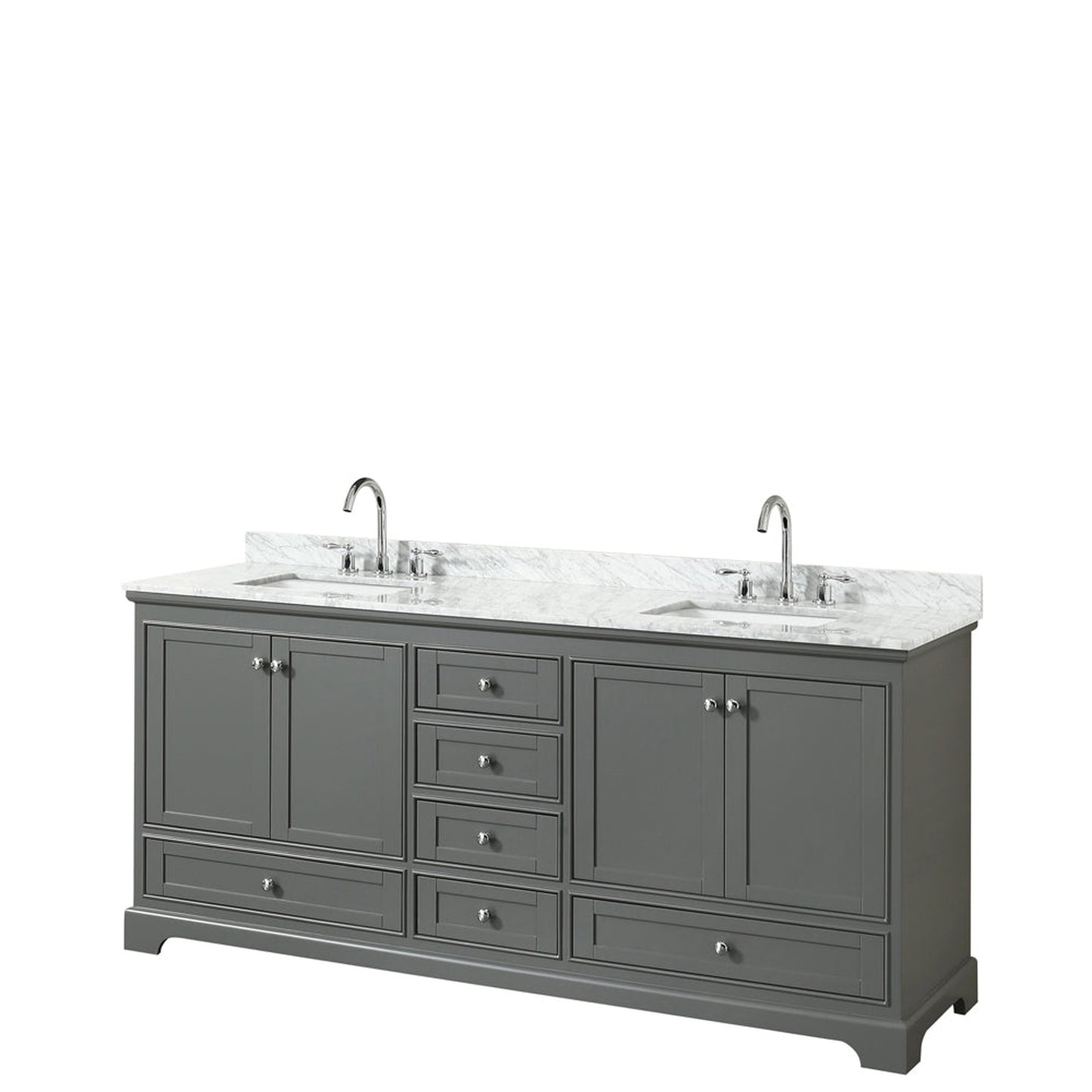 Wyndham Collection Deborah 80" Double Bathroom Vanity in Dark Gray, White Carrara Marble Countertop, Undermount Square Sinks, and No Mirror