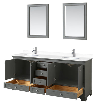 Wyndham Collection Deborah 80" Double Bathroom Vanity in Dark Gray, White Cultured Marble Countertop, Undermount Square Sinks, 24" Mirror