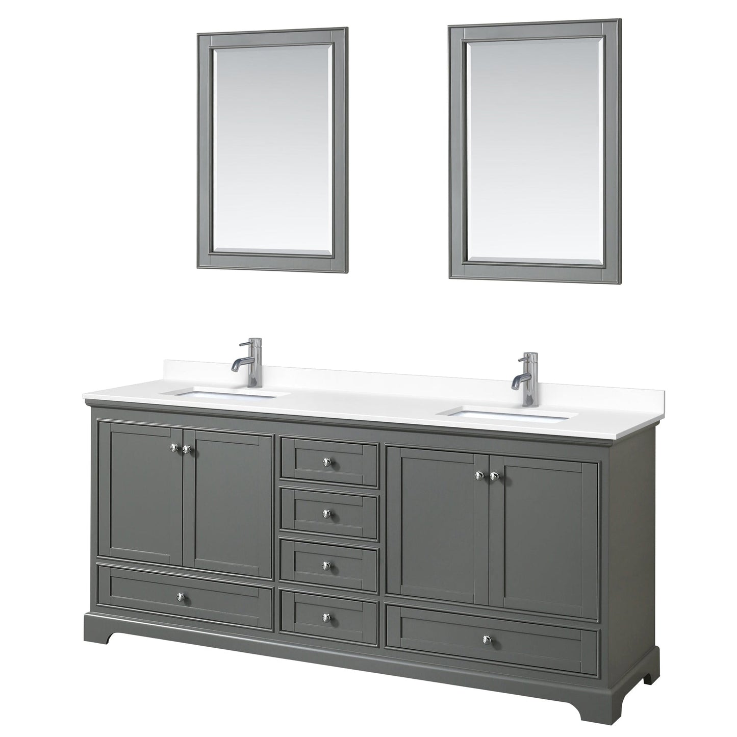 Wyndham Collection Deborah 80" Double Bathroom Vanity in Dark Gray, White Cultured Marble Countertop, Undermount Square Sinks, 24" Mirror