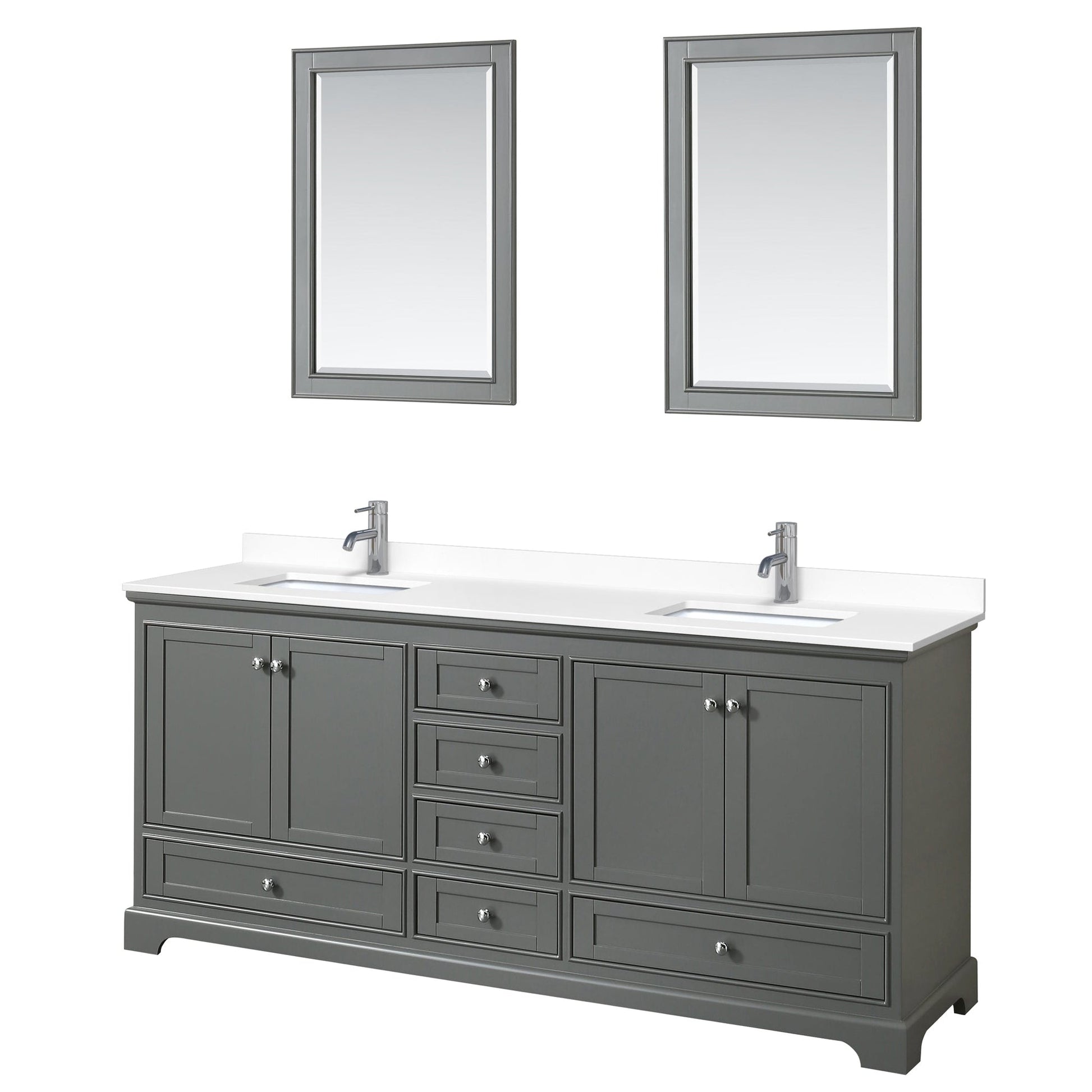 Wyndham Collection Deborah 80" Double Bathroom Vanity in Dark Gray, White Cultured Marble Countertop, Undermount Square Sinks, 24" Mirror